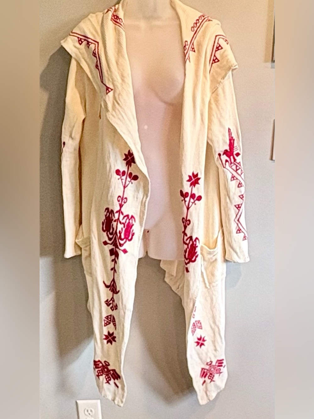 Johnny Was Biya Cotton Ribbed Embroidered Hoodie Cream with Red embroidery Large